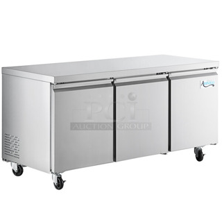 BRAND NEW SCRATCH AND DENT! 2023 Avantco 178SSUC72RHC Stainless Steel Commercial 3 Door Undercounter Cooler on Commercial Casters. 115 Volts, 1 Phase. Tested and Working!