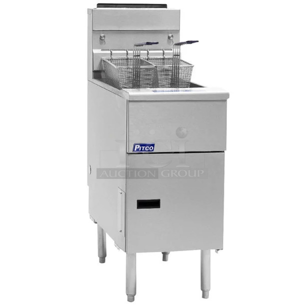 BRAND NEW! 2021 Pitco Frialator SG14-S Stainless Steel Commercial Floor Style Natural Gas Powered Deep Fat Fryer w/ 2 Metal Fry Baskets and Side Splash Guard. 110,000 BTU. 