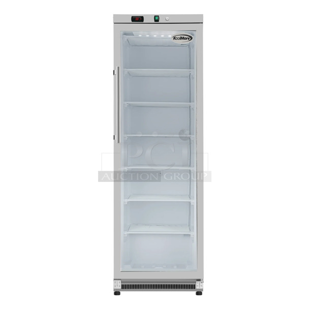 BRAND NEW SCRATCH AND DENT! KoolMore KM-FMD12SGD Metal Commercial Single Door Reach In Freezer Merchandiser w/ Poly Coated Racks. 115 Volts, 1 Phase. Tested and Working! - Image 1 of 5
