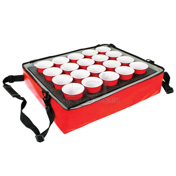 BRAND NEW SCRATCH AND DENT! Sterno 70544 Red Stadium Insulated Drink Carrier with 20 Hole Insert, 24" x 20" x 6" - Holds (20) Cups - Image 1 of 5