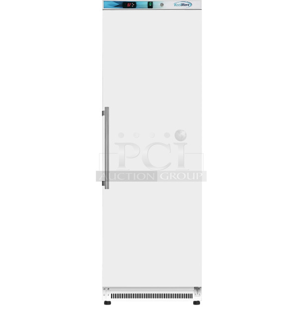 BRAND NEW SCRATCH AND DENT! KoolMore KM-RMD12WH Metal Commercial Single Door Reach In Cooler w/ Poly Coated Racks. 115 Volts, 1 Phase. Tested and Working! - Image 1 of 4
