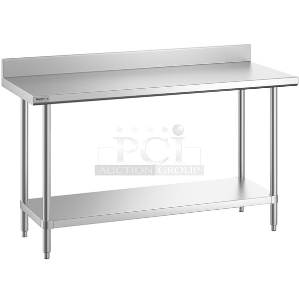 BRAND NEW SCRATCH AND DENT! Regency 600TSSB2460S Spec Line 24" x 60" 14 Gauge Stainless Steel Commercial Work Table with 4" Backsplash and Undershelf. May Be Missing Pieces. - Image 1 of 2