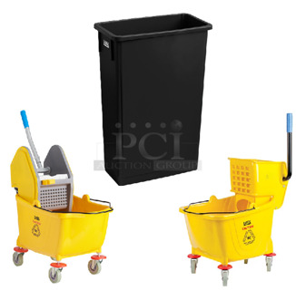 5 BRAND NEW SCRATCH AND DENT! Items; 2 Lavex 274MOPBCKTYE 35 Qt. Yellow Mop Bucket & Side Press Wringer Combo, 2 Lavex 274MOPBCKTDN 35 Qt. Yellow Mop Bucket and Down Press Wringer Combo, Lavex Black Slim Jim Trash Can. 5 Times Your Bid! 