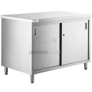 BRAND NEW SCRATCH AND DENT! Regency 600EBT3048D 30" x 48" 16 Gauge Type 304 Stainless Steel Enclosed Base Table with Sliding Doors and Adjustable Midshelf