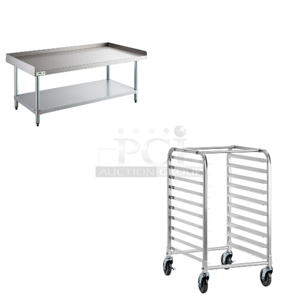 2 BRAND NEW SCRATCH AND DENT! Items; Regency 600ES3060G 30" x 60" 16-Gauge Stainless Steel Equipment Stand with Galvanized Undershelf and Regency 600PR103K 10 Pan End Load Half Height Bun / Sheet Pan Rack - Unassembled. 2 Times Your Bid! May Be Missing Pieces.  - Image 1 of 4