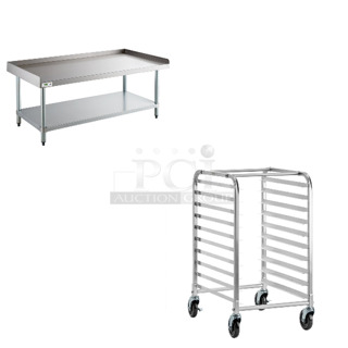 2 BRAND NEW SCRATCH AND DENT! Items; Regency 600ES3060G 30" x 60" 16-Gauge Stainless Steel Equipment Stand with Galvanized Undershelf and Regency 600PR103K 10 Pan End Load Half Height Bun / Sheet Pan Rack - Unassembled. 2 Times Your Bid! May Be Missing Pieces. 