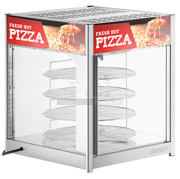 BRAND NEW SCRATCH AND DENT! ServIt 423PDW18D2 Stainless Steel Commercial Countertop Self-Service Pizza Warmer with 4-Shelf Rotating Rack. See Pictures for Broken Glass. 120 Volts, 1 Phase. Tested and Working! - Image 1 of 8