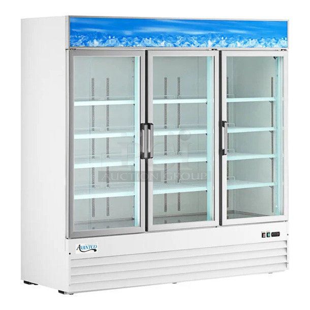 BRAND NEW SCRATCH AND DENT! 2023 Avantco 178GDC69HCW 78 1/4" White Customizable Swing Glass Door Merchandiser Refrigerator with LED Lighting. 115 Volts, 1 Phase. Tested and Working! - Image 1 of 12