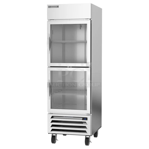 BRAND NEW SCRATCH AND DENT! Beverage Air HBR23HC-1-HG-003 Stainless Steel Commercial 2 Half Size Door Reach In Cooler Merchandiser on Commercial Casters. 115 Volts, 1 Phase. Tested and Working! - Image 1 of 8
