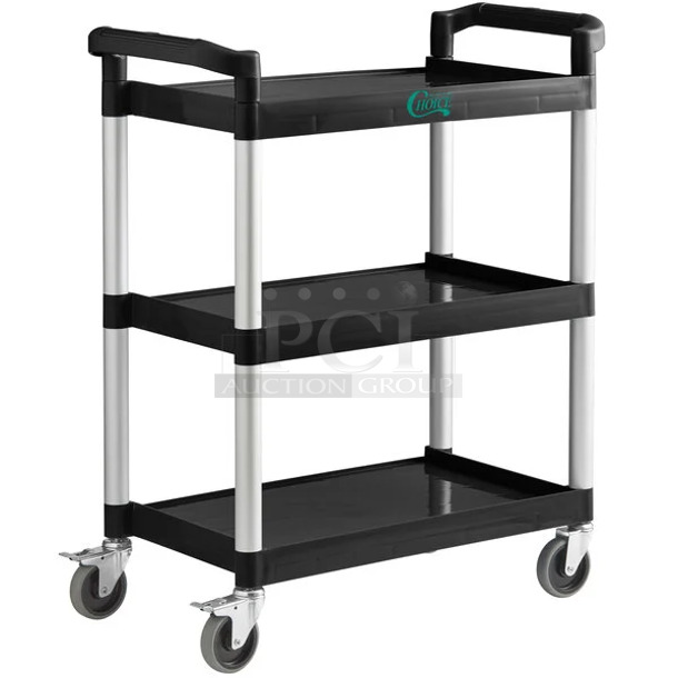 BRAND NEW SCRATCH AND DENT! 109CARTBUSBK Black Utility / Bussing Cart with Three Shelves - 32" x 16". May Be Missing Pieces.  - Image 1 of 3