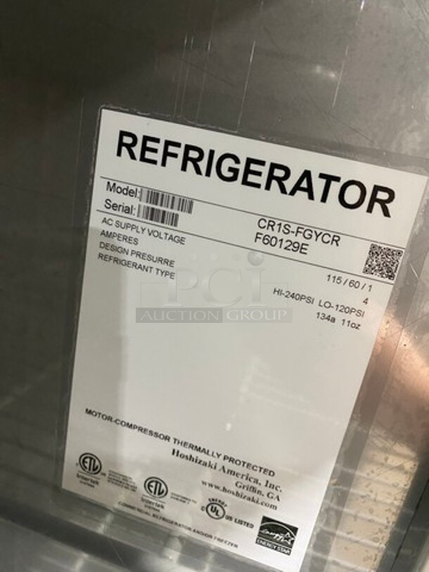 Hoshizaki Commercial Single Door Reach In Cooler! With View Through Door! Poly Coated Racks! Stainless Steel Body! On Casters! Model: CR1SFGYCR SN: F60129E 115V 60HZ 1 Phase - Image 7 of 9
