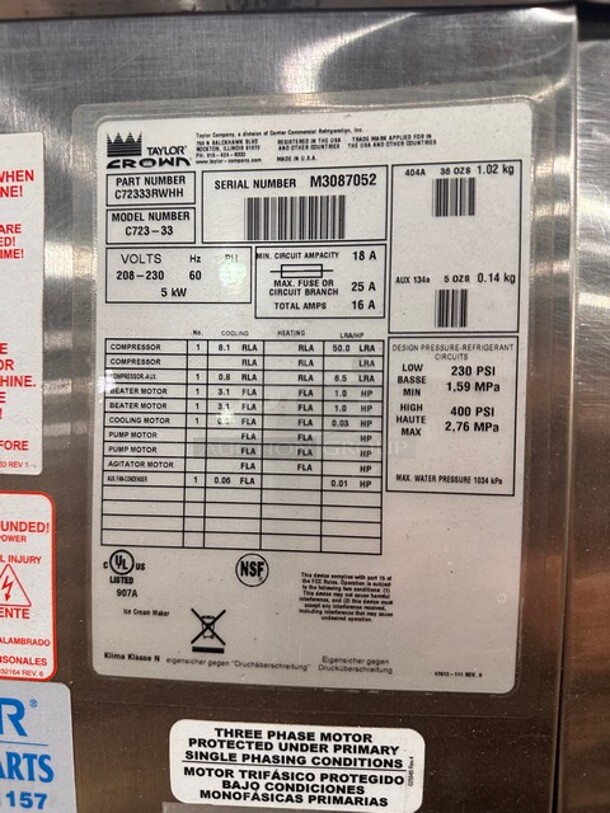 Taylor Crown Commercial 3 Handle Ice Cream Machine! All Stainless Steel! On Casters! Model: C72333 SN:M3087052 208-230V 1PH - Image 7 of 9