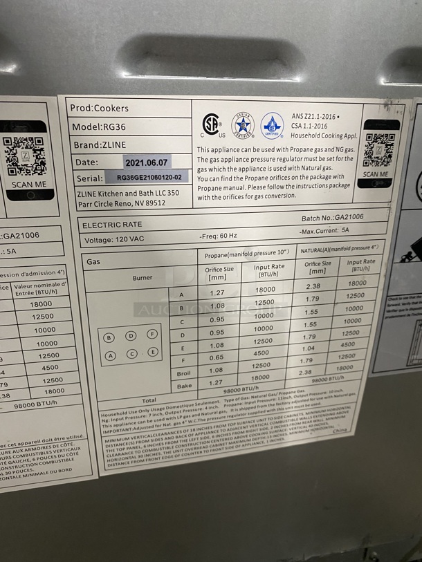 2019 AMAZING! ZLINE Gas Powered 6 Burner Stove! With Oven Underneath! Stainless Steel! On Legs! MODEL RG36 SN:RG36GE21060120-02 120V/60Hz - Image 9 of 11