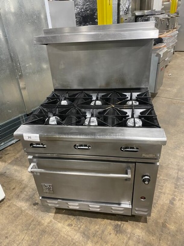 Wolf Commercial Natural Gas Powered 6 Burner Stove! With Raised Back Splash And Salamander Shelf! With Oven Underneath! All Stainless Steel! On Legs!