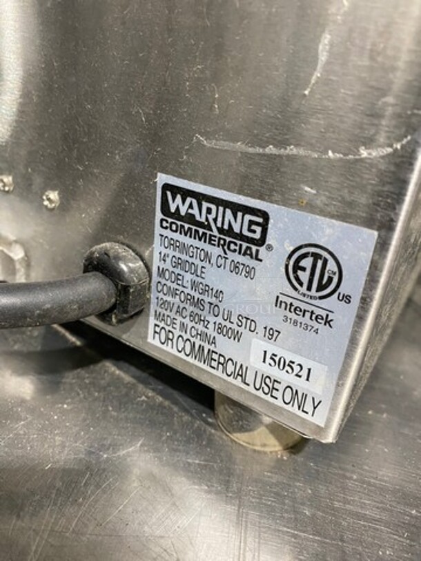 Waring Commercial Countertop Electric Powered 14" Flat Top Griddle! With Back And Side Splashes! All Stainless Steel! Model: WGR140 SN: 150521 120V - Image 5 of 8