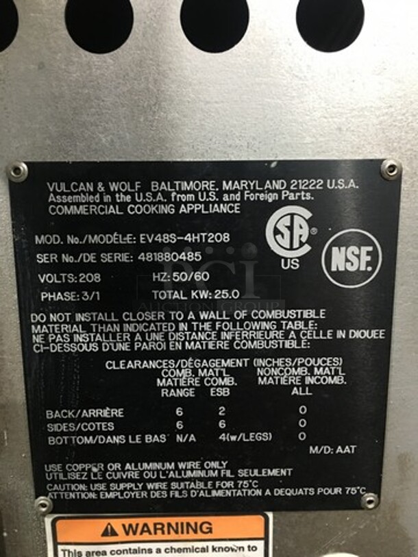 AMAZING FIND! NEW! Vulcan Commercial Electric Powered French Top/ Hot Plate Stove! With Raised Back Splash And Salamander Shelf! With Oven Underneath! All Stainless Steel! On Legs! Model: EV48S4HT208 SN: 481880485 208V 60HZ 1/3 Phase - Image 11 of 12