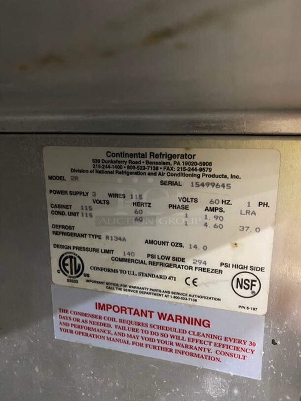 Continental Commercial 2 Door Reach In Cooler! Solid Stainless Steel! On Casters! MODEL 2R SN:15499645 115V 1PH - Image 8 of 10