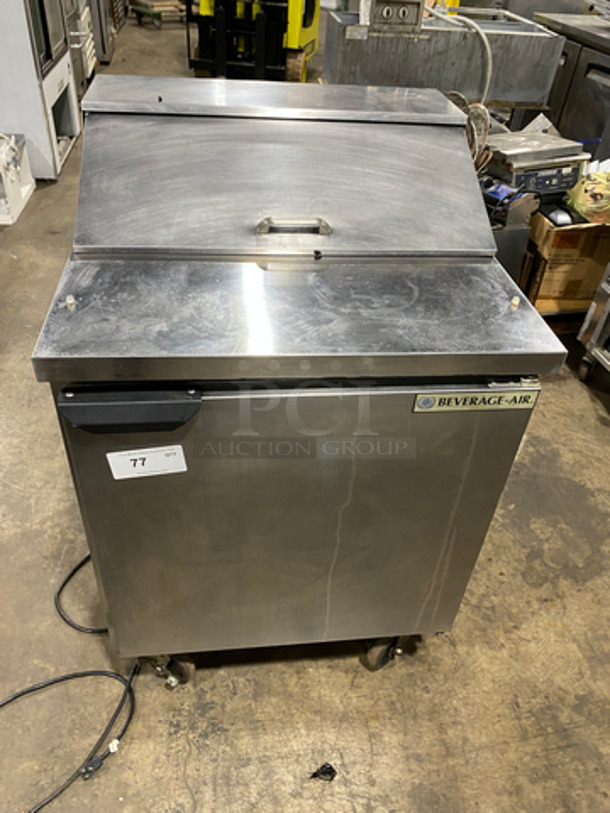 Beverage Air Commercial Refrigerated Sandwich Prep Table! With Single Door Storage Space Underneath! Poly Coated Racks! All Stainless Steel! On Casters! Model: SPE27HCB SN: 13013722 115V 60HZ 1 Phase