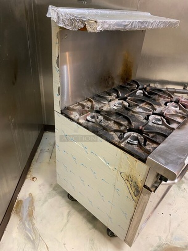 LATE MODEL! 2019 Asber Commercial Natural Gas Powered 6 Burner Stove! With Raised Back Splash And Salamander Shelf! With Oven Underneath! Metal Oven Rack! All Stainless Steel! On Casters! WORKING WHEN REMOVED! - Image 3 of 9