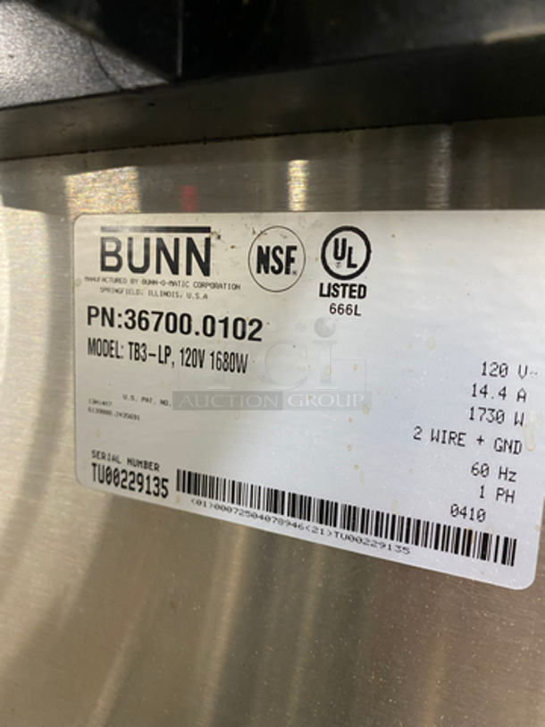 GREAT! Bunn Commercial Countertop Tea Brewing Machine! With Filter Basket! With Tea Dispenser/ Holder! All Stainless Steel! On Legs! Model: TB3LP TU00229135 120V 60HZ 1 Phase - Image 5 of 7