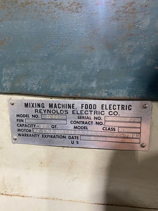 Reynolds Commercial Floor Style 60 Qt. Planetary Mixer! With Bowl! With Dough Hook Attachment! Model 1060 Serial 536HF79! 115V 1Phase! WORKING WHEN REMOVED! - Image 3 of 6