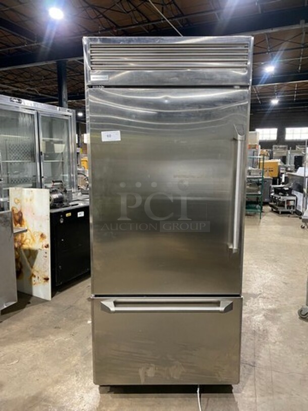 Monogram Upright Half Cooler Half Freezer Combo Unit! Single Cooler And Single Drawer Freezer! With Poly Coated Racks And Shelves! Stainless Steel!
