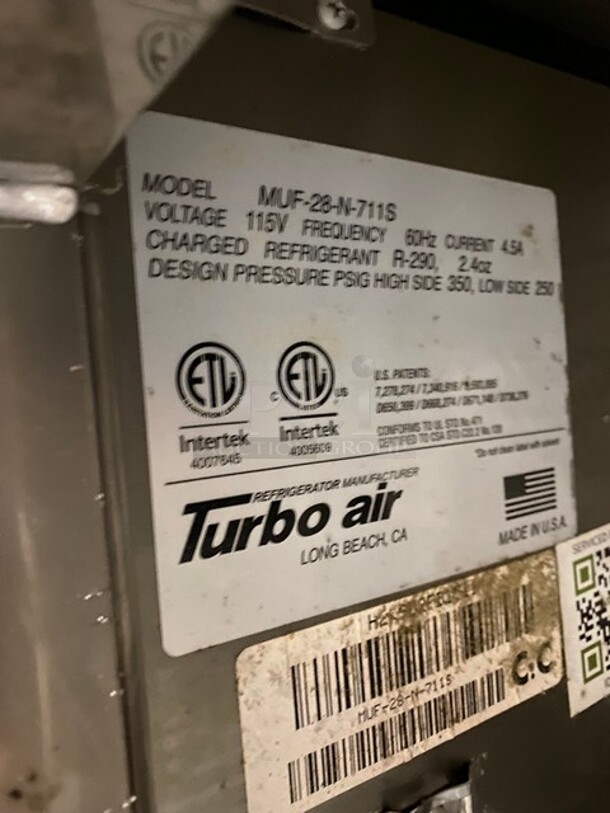 Turbo Air Commercial Single Door Lowboy/ Worktop Freezer! With Poly Coated Racks! All Stainless Steel! On Legs! Model: MUF28N711S 115V 60HZ 1 Phase - Image 6 of 7