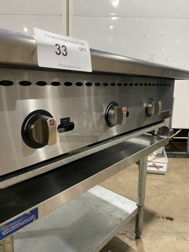 LATE MODEL! 2021 Spectrum Commercial Countertop Natural Gas Powered Char Broiler Grill! With Back And Side Splashes! On Small Legs! On Equipment Stand! With Storage Space Underneath! All Stainless Steel! On Legs! Model: NGCB36R SN: NGCB365040001116 - Image 7 of 10