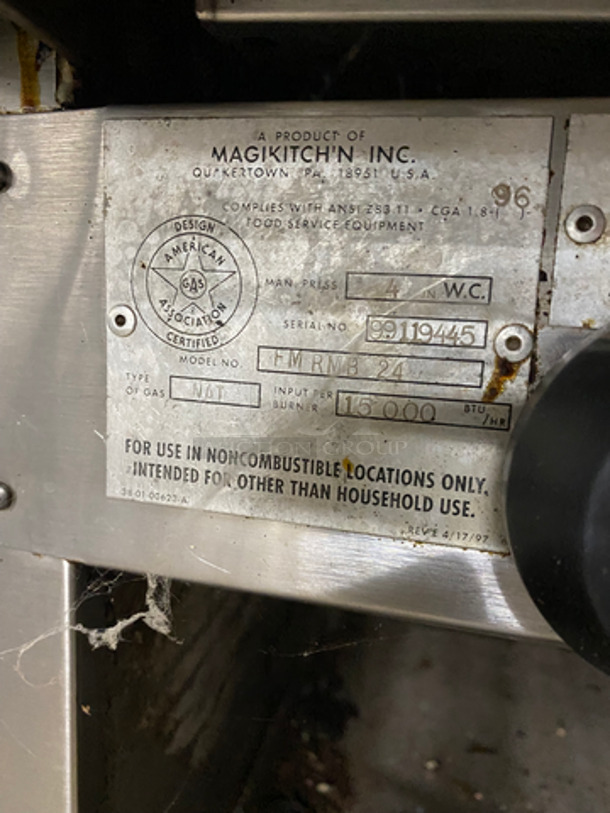 MagiKitch'n Commercial Natural Gas Powered Char Grill! With Back And Side Splashes! With Shelf Storage Space Underneath! All Stainless Steel! Model: FMRMB24 SN: 99119445 - Image 8 of 9