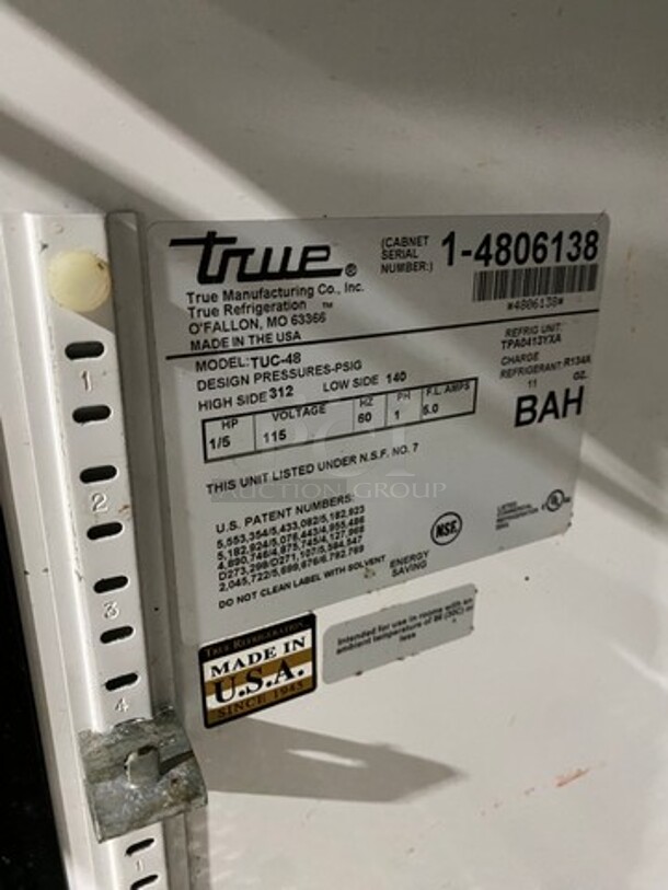 True Commercial 2 Door Lowboy/Worktop Cooler! With Poly Coated Racks! All Stainless Steel! On Casters! Model: TUC48 SN: 14806138 115V 60HZ 1 Phase - Image 7 of 8