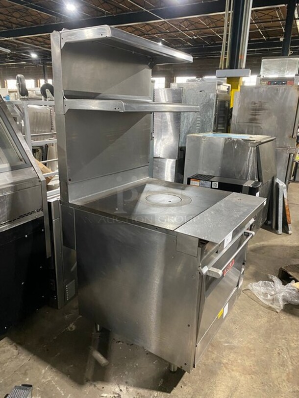 Vulcan Commercial French Top/ Hot Plate Stove! With Raised Back Splash With Double Overhead Shelf! With Oven Underneath! All Stainless Steel! On Legs! MODEL GH30 SN:481609310 - Image 2 of 11