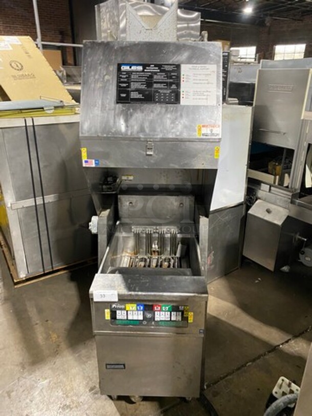 WOW! Pitco Soltice Commercial Electric Powered Deep Fat Fryer! With Giles Ventless Hood! All Stainless Steel! Model: SEF184 SN: E08ED017634 208V, Model: FSH2PH SN: Q606200808 208/240V 60HZ 3 Phase
