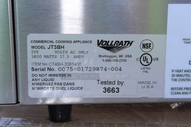 BRAND NEW SCRATCH & DENT!! Vollrath JT3BH Conveyor Toaster with 1 1/2"-3" Opening, 208v 3600 WATTS 17.3 AMPS S/N: 0075-01729874-004 18-1/8x18-1/4x15.  - Image 6 of 8