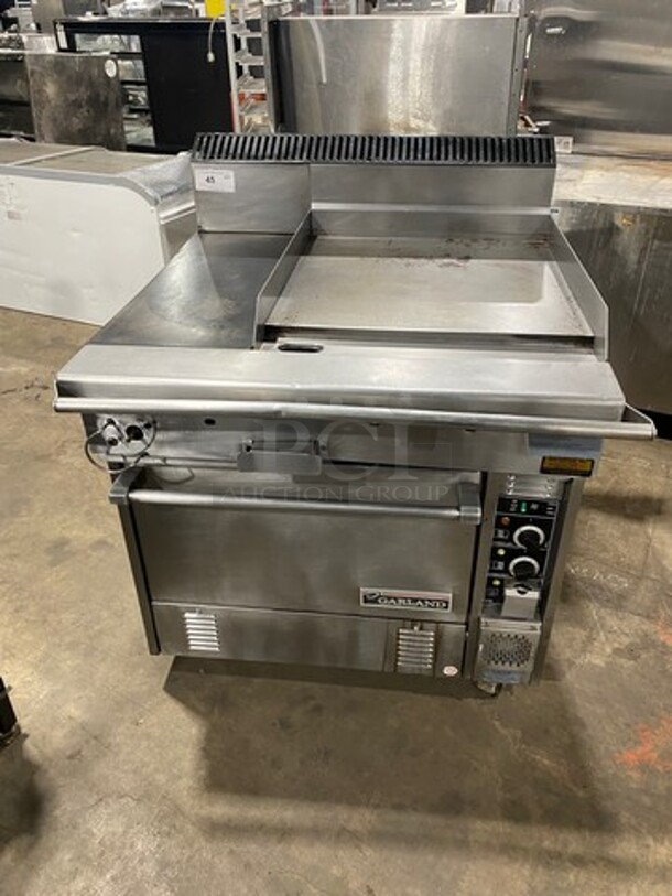 NICE! Garland Commercial Natural Gas Powered Hot Plate With Right Side Flat Griddle! Griddle Has Side Splashes! With Back Splash! With Oven Underneath! All Stainless Steel! - Image 1 of 11
