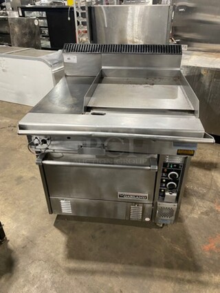 NICE! Garland Commercial Natural Gas Powered Hot Plate With Right Side Flat Griddle! Griddle Has Side Splashes! With Back Splash! With Oven Underneath! All Stainless Steel!