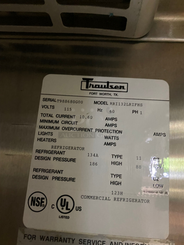 NICE! Traulsen Commercial Single Door Reach In Refrigerator! Solid Stainless Steel! Model: RRI132LRIFHS SN: T988680G00! Not Tested!  115V 60HZ 1 Phase - Image 7 of 9
