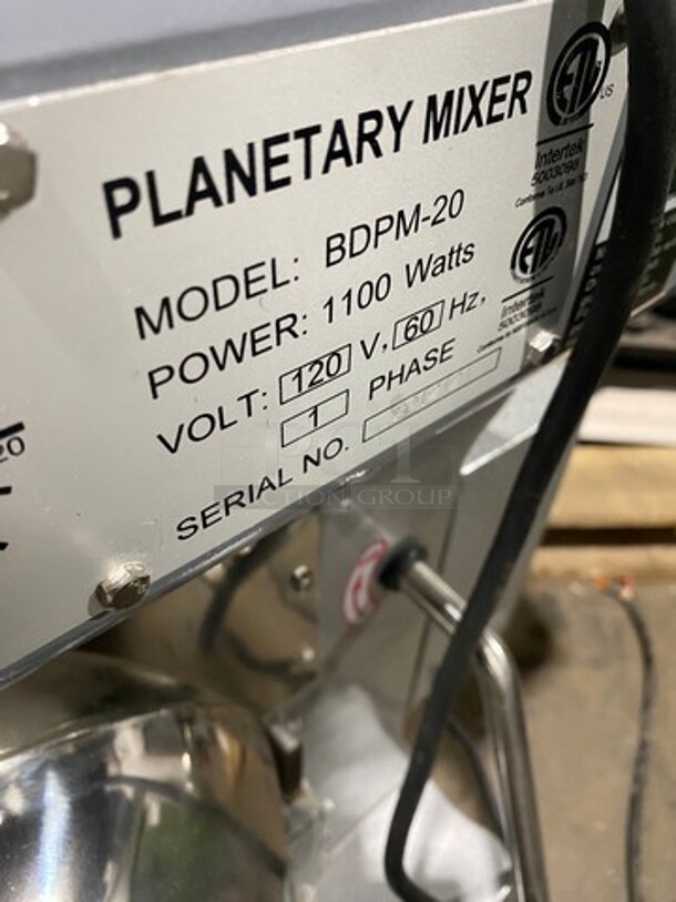 Black Diamond Commercial Planetary Mixer! With Mixing Bowl And Bowl Guard! With Spiral Hook Attachment! Model: BDPM20 SN: 2012121 120V 60HZ 1 Phase - Image 6 of 6