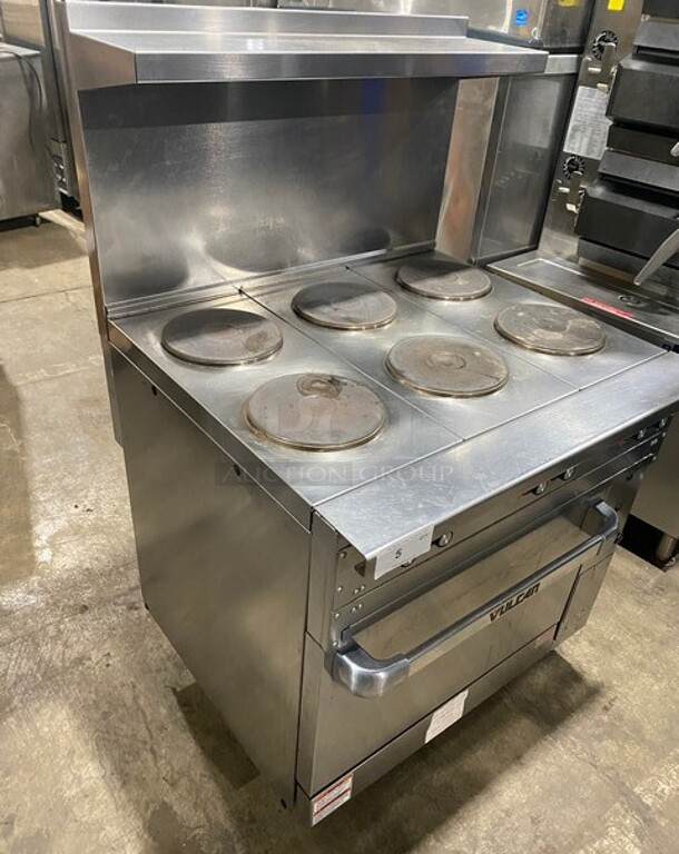 Vulcan Stainless Steel Commercial Electric Powered 6 Burner Hot Plate Range w/ Oven, Over Shelf and Back Splash! On Legs! MODEL EV36S-6FP480 SN: 650091879 480V 3/1PH  - Image 2 of 11