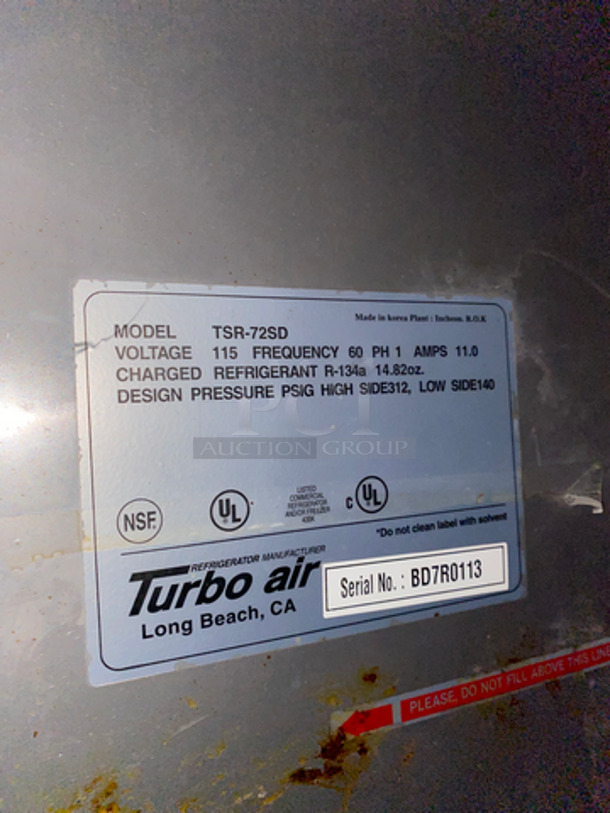 Turbo Air Commercial 3 Door Reach In Refrigerator! With Metal Racks! All Stainless Steel! With Casters! Model: TSR72SD SN: BD7R0113 115V 60HZ 1 Phase - Image 9 of 12