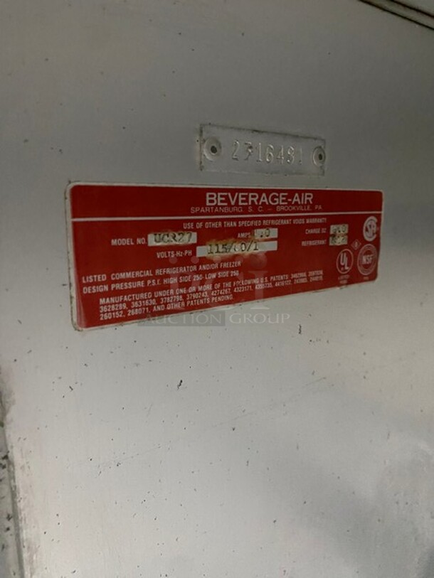 Beverage Air Commercial Single Door Undercounter Cooler! Stainless Steel! On Casters! Model: UCR27 SN: 2316481! 115V 60HZ 1 Phase! - Image 6 of 7