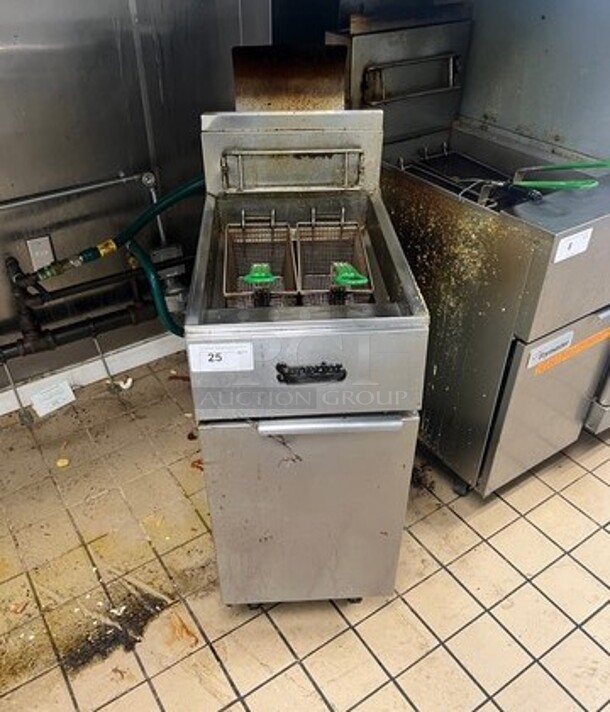 Frymaster Commercial Natural Gas Powered Deep Fat Fryer! All Stainless Steel! On Legs! WORKING WHEN REMOVED! Model: GF14SD SN: 0704FM0279 - Image 1 of 7