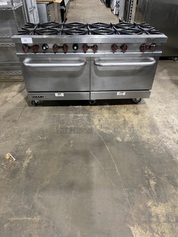 NICE! Vulcan Commerical Natural Gas Powered 10 Burner Stove! With 2 Oven Underneath! All Stainless Steel! On Casters!