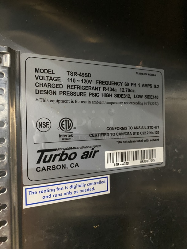 Turbo Air Stainless Steel Commercial 2 Door Reach In Cooler! With Racks! MODEL TSR-49SD SN: DR49807045 110-120V 1PH!
 - Image 8 of 9