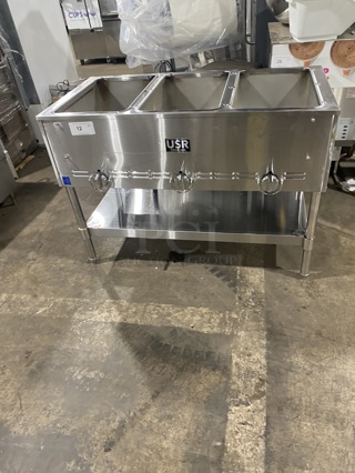 USR Cookline Commercial Natural Gas Powered 3 Bay Steam Table! With Storage Space Underneath! All Stainless Steel! MODEL GST3 SN:200765034! On Legs!