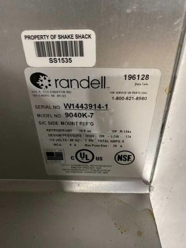 Randell Commercial Refrigerated Mega Top Sandwich Prep Table! With 2 Door Underneath Storage! All Stainless Steel! On Casters! MODEL 9040K7 SN:W14439141 115V 1PH  - Image 8 of 9