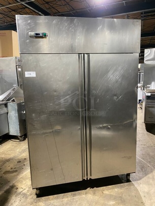 Commercial 2 Door Reach In Cooler! With Poly Coated Racks! All Stainless Steel! On Legs! Model: SFC1200BT SN: ZT33571200003 220V 60HZ 1 Phase