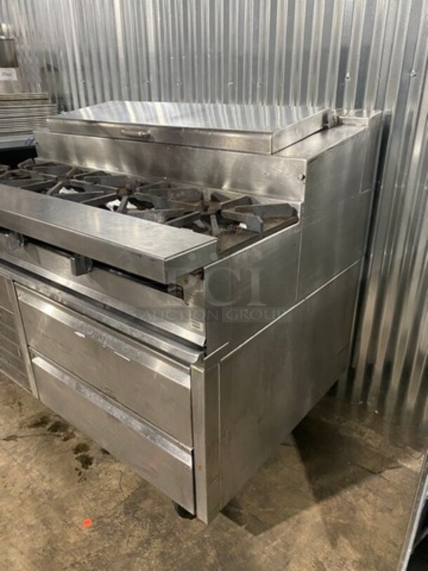 GREAT! RARE FIND Jade Range Commercial Natural Gas Powered 4 Burner Stove! With Refrigerated Prep Table on Top! With 2 Drawer Refrigerated Storage Space Underneath! All Stainless Steel! On Casters! Condenser Model M4PHA035IAP2! 115V! - Image 2 of 12