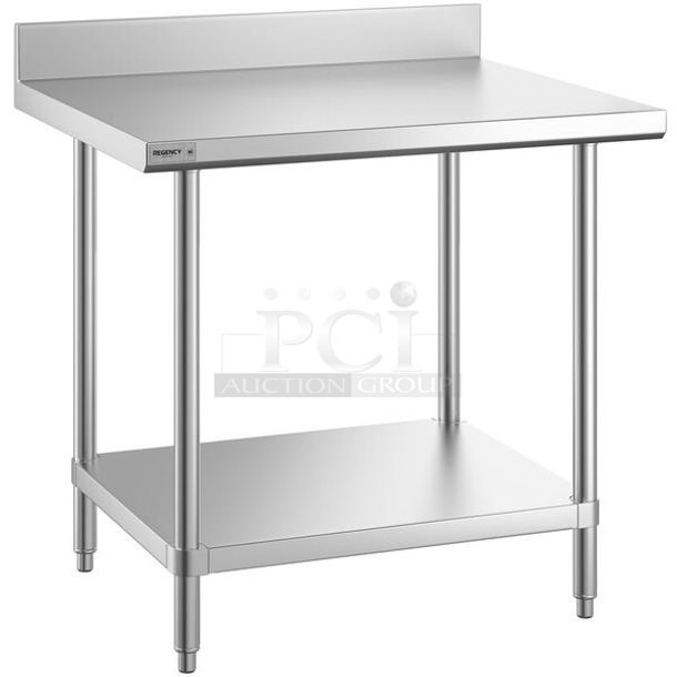 BRAND NEW SCRATCH & DENT! Regency Spec Line 30" x 36" 14 Gauge Stainless Steel Commercial Work Table with 4" Backsplash and Undershelf. In the original packaging. 

 - Image 1 of 3