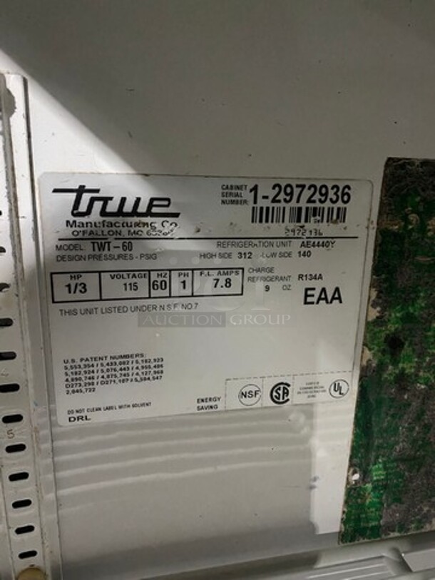 True Commercial 2 Door Work/Prep Top Lowboy Cooler! With Backsplash! All Stainless Steel! With Poly Coated Racks! On Casters! Model: TWT60 SN: 12972936! 115V 60HZ 1 Phase!
 - Image 6 of 8