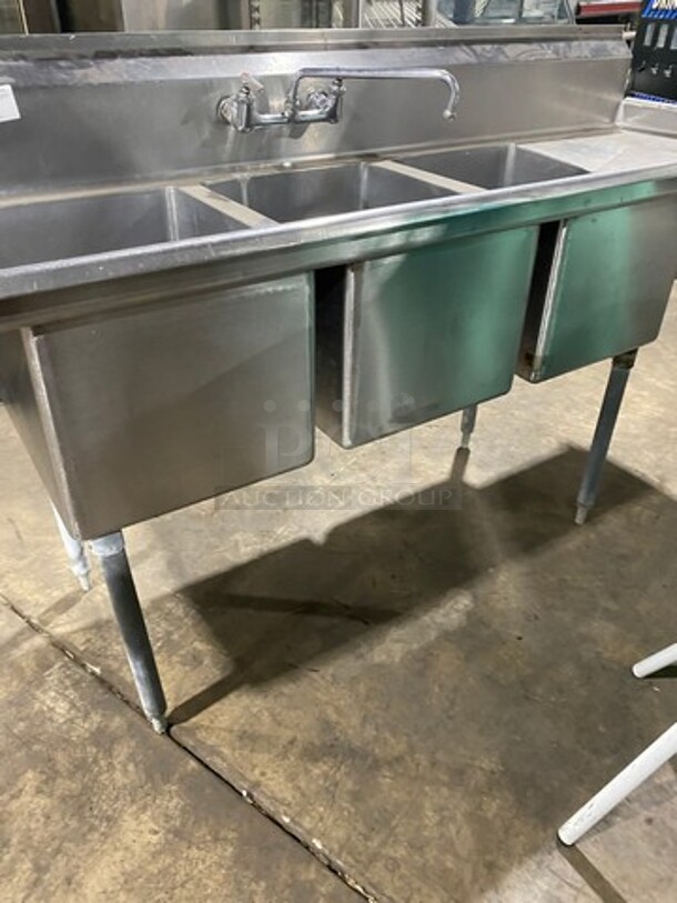 Aero Commercial 3 Compartment Dish Washing Sink! With Dual Side Drain Board! With Faucet And Handles! With Back Splash! All Stainless Steel! On Legs! - Image 9 of 9